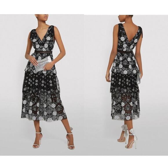 Self Portrait Black Tulle Floral Sequin Deco Tiered Dress NWT Size 2 MSRP $535 - Picture 1 of 13